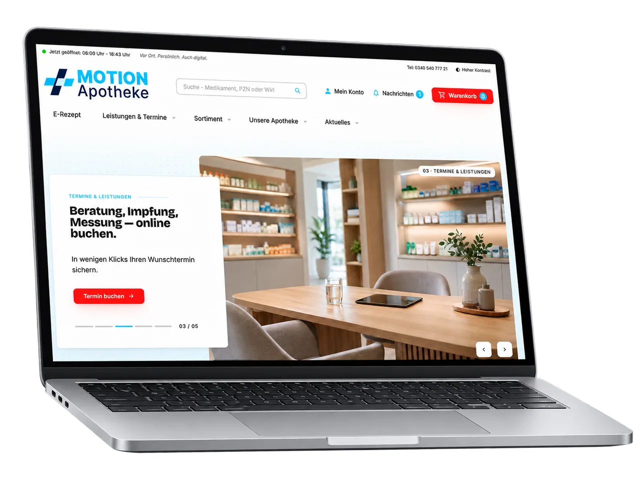 Website einer Musterapotheke: Beratung, Impfung, Messung – online buchen