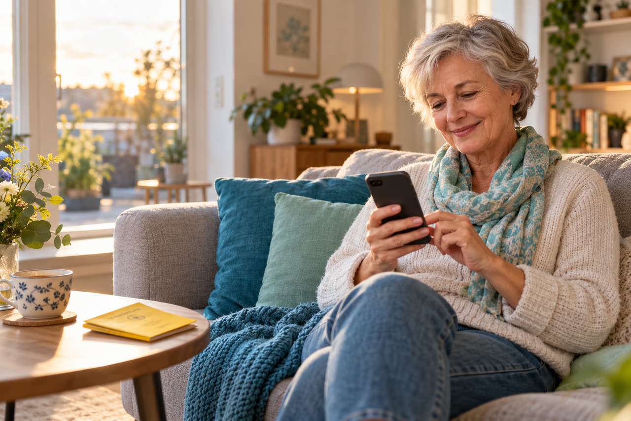 Eine Kundin bucht zu Hause auf dem Sofa per Smartphone einen Termin, neben ihr liegt der Impfpass.
